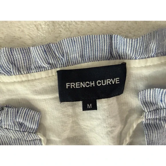 French Curve Linen ruffle V neck Dress Pinstripe Nautical Blue beach lace Sz-M - Picture 5 of 8